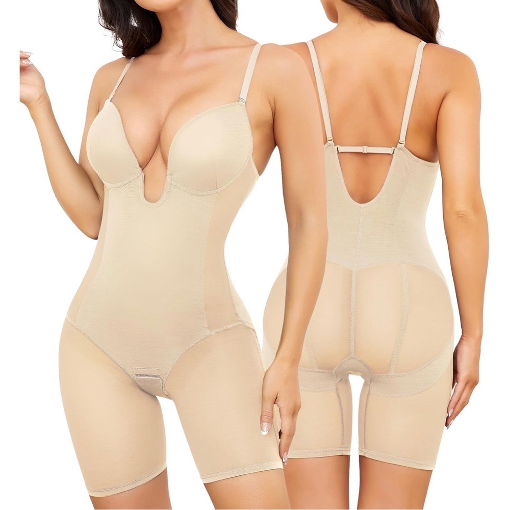 Slimers Nude U Plunge Neckline Full Body Shapewear Bodysuit MidThigh Slimmer NEW